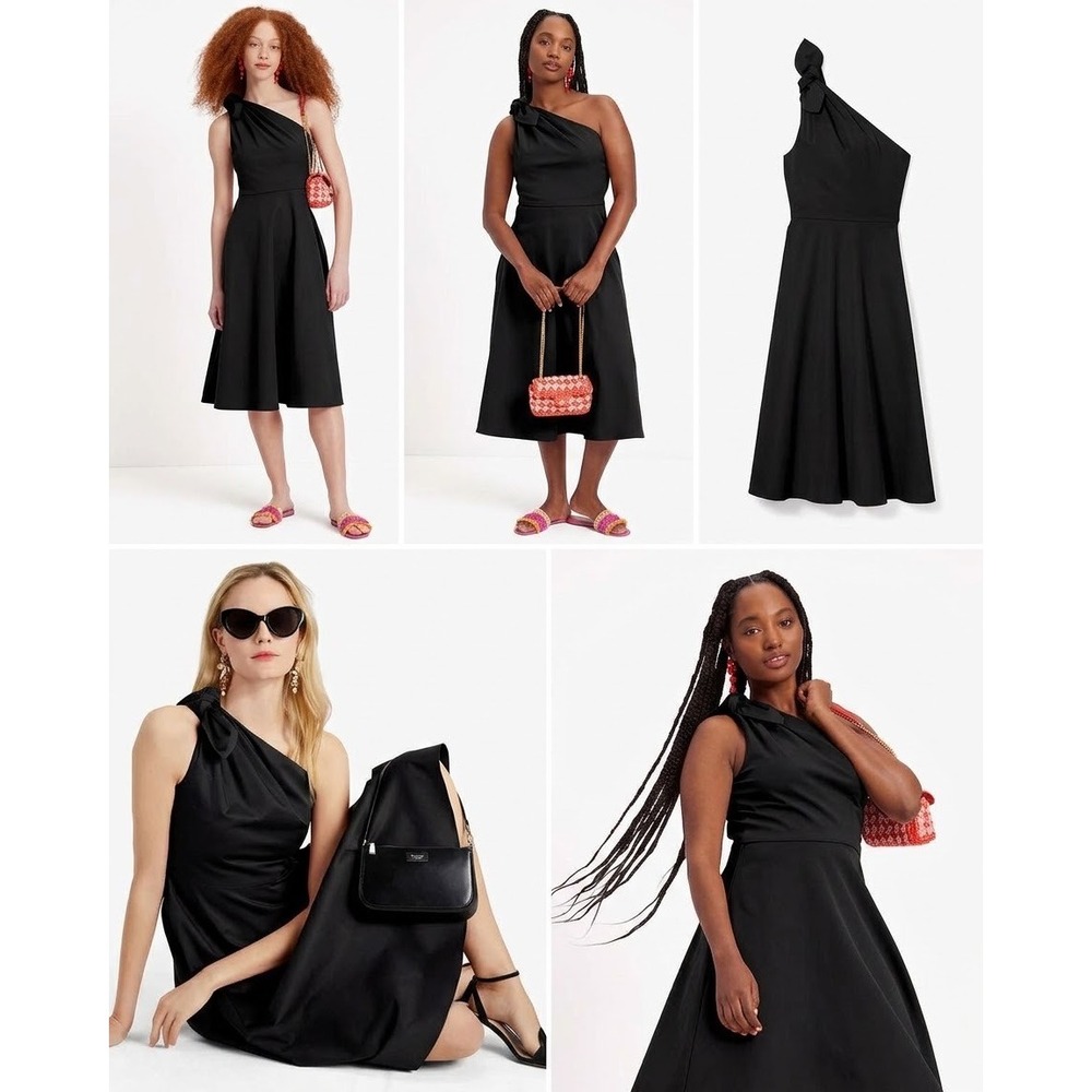 Kate Spade New York Black Twill One-Shoulder Bow Midi Dress NJM00250 Size 4